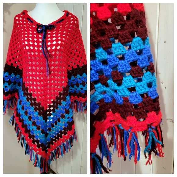 HANDKNIT FESTIVAL CROCHETED PONCHO - Picture 1 of 6